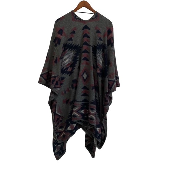 Lucky Brand Aztec Southwest Poncho OS Gray Tribal Boho Hippie Indie Cabincore - Picture 2 of 6